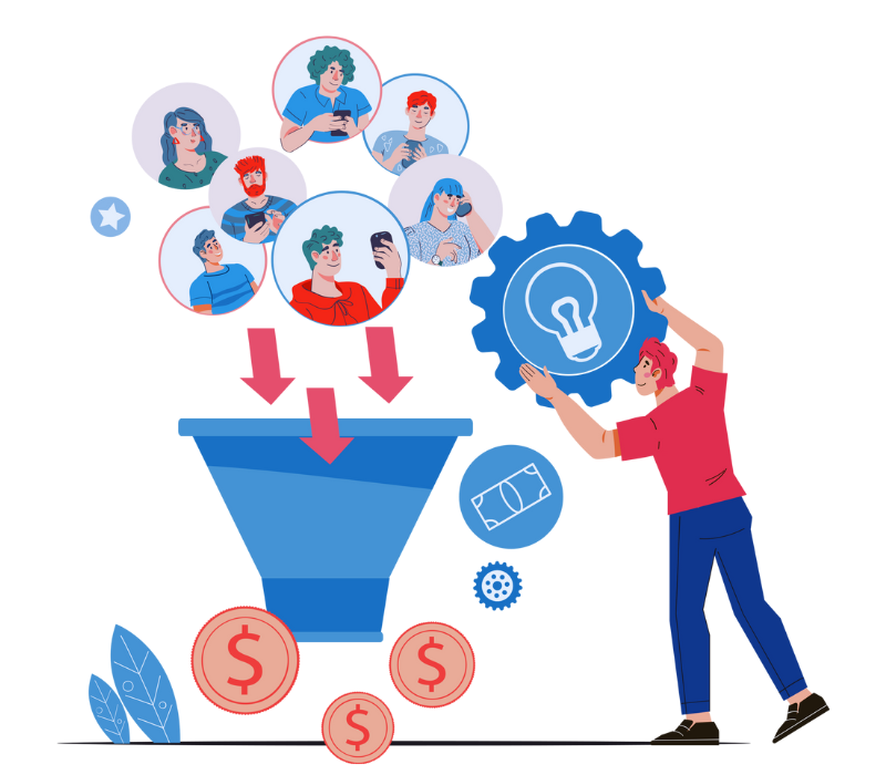 Marketers analyzing a lead generation funnel dashboard